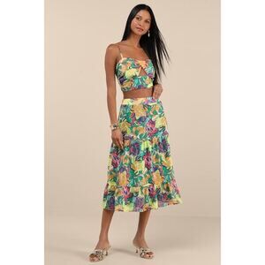 Lulus Floating Through Flowers Teal Floral Two-piece Midi Dress Green - Size M